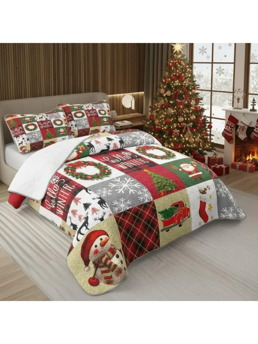 Festive Christmas Patchwork Quilt Set King - Santa Snowman Tree Bedding, Soft